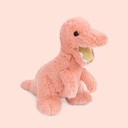 On a pink background is a pink fuzzy t-rex stuffed animal. 