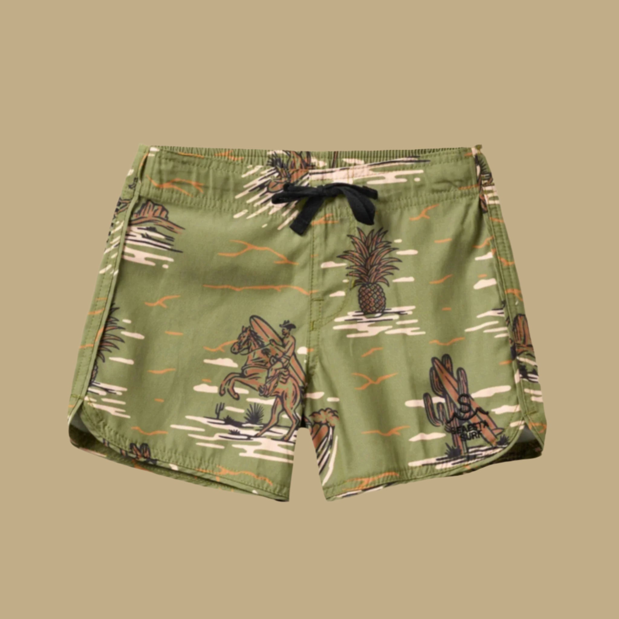 A green pair of boardshorts with a cowboy  on a horse holding a surfboard print. 