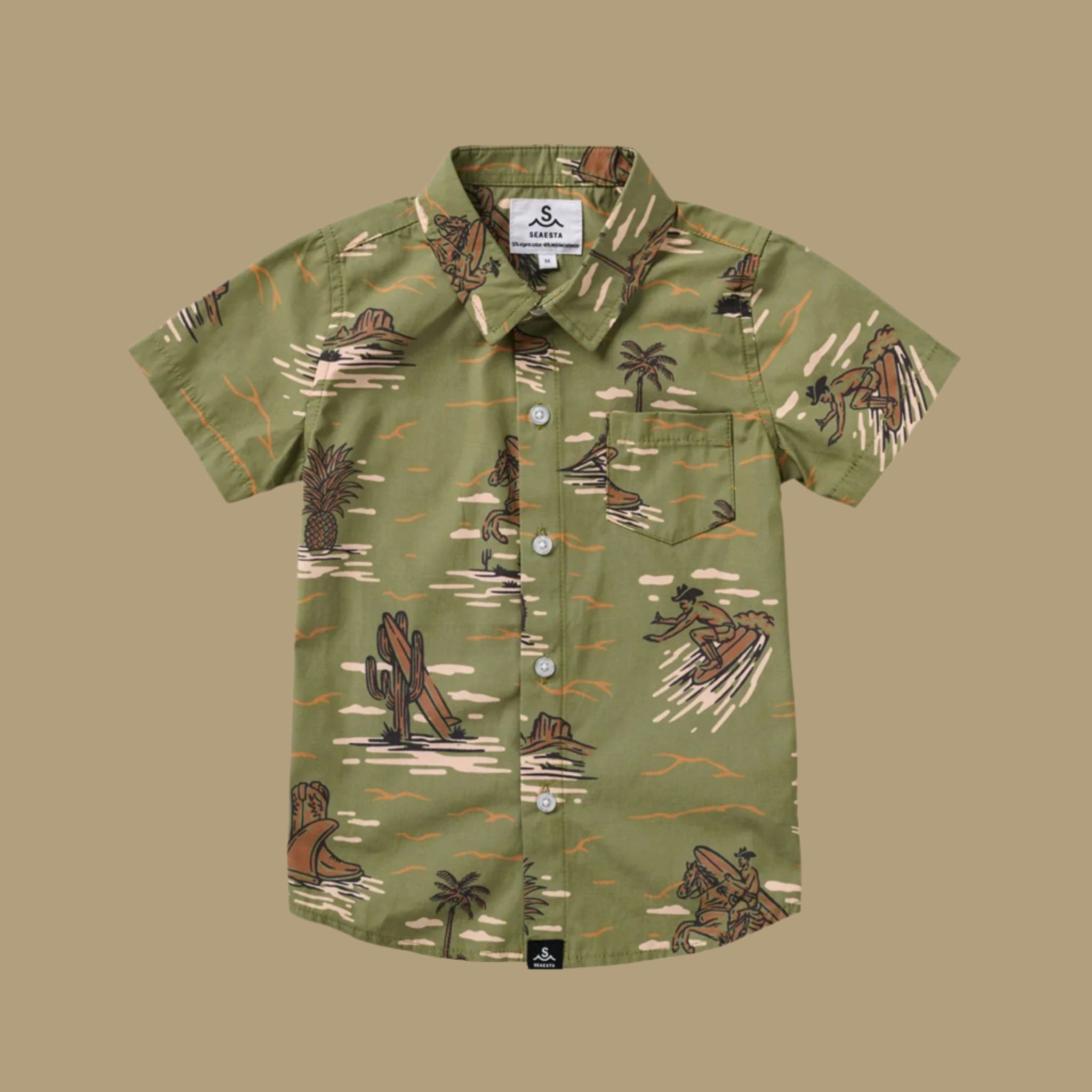 A green shortsleeve button up shirt for kids with a surfing cowboy print. 