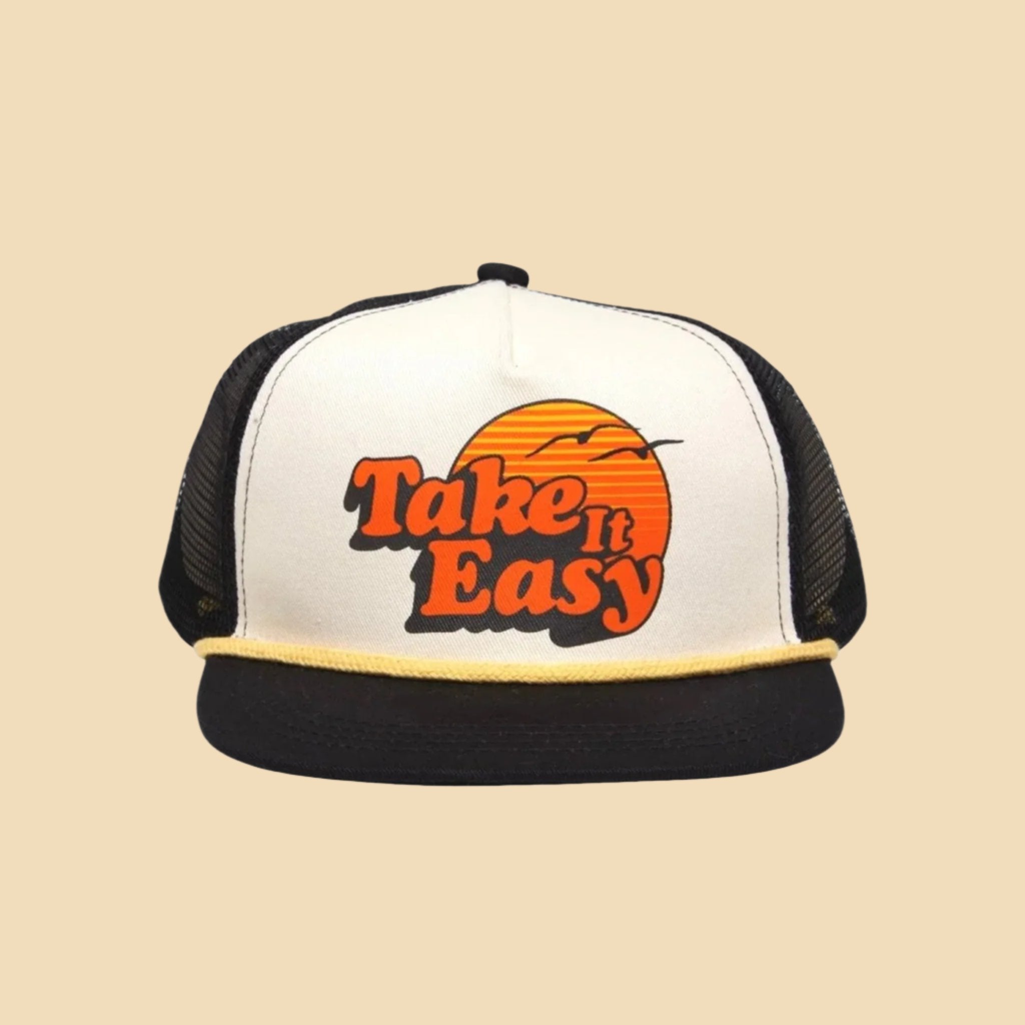 A black and white hat with mesh backing and an orange sun graphic with text that reads, 'Take It Easy'. 