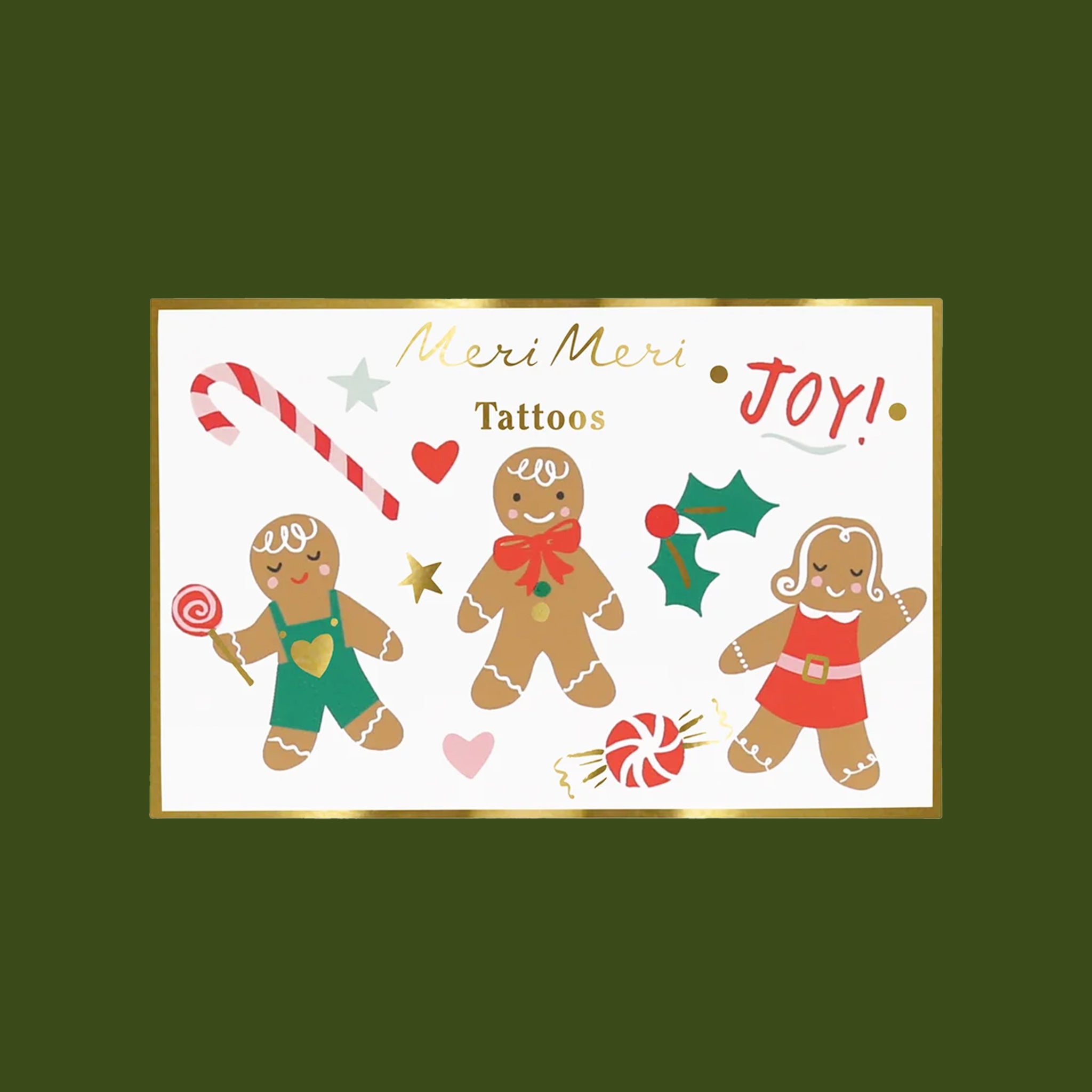 A pack of gingerbread and holiday shaped temporary tattoos. 