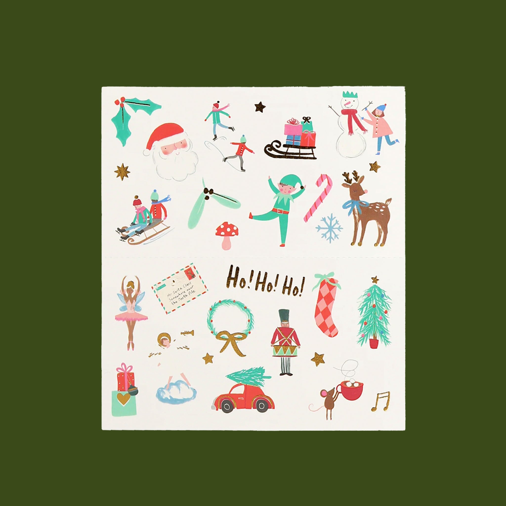 A sheet of temporary tattoos with a holiday theme. 