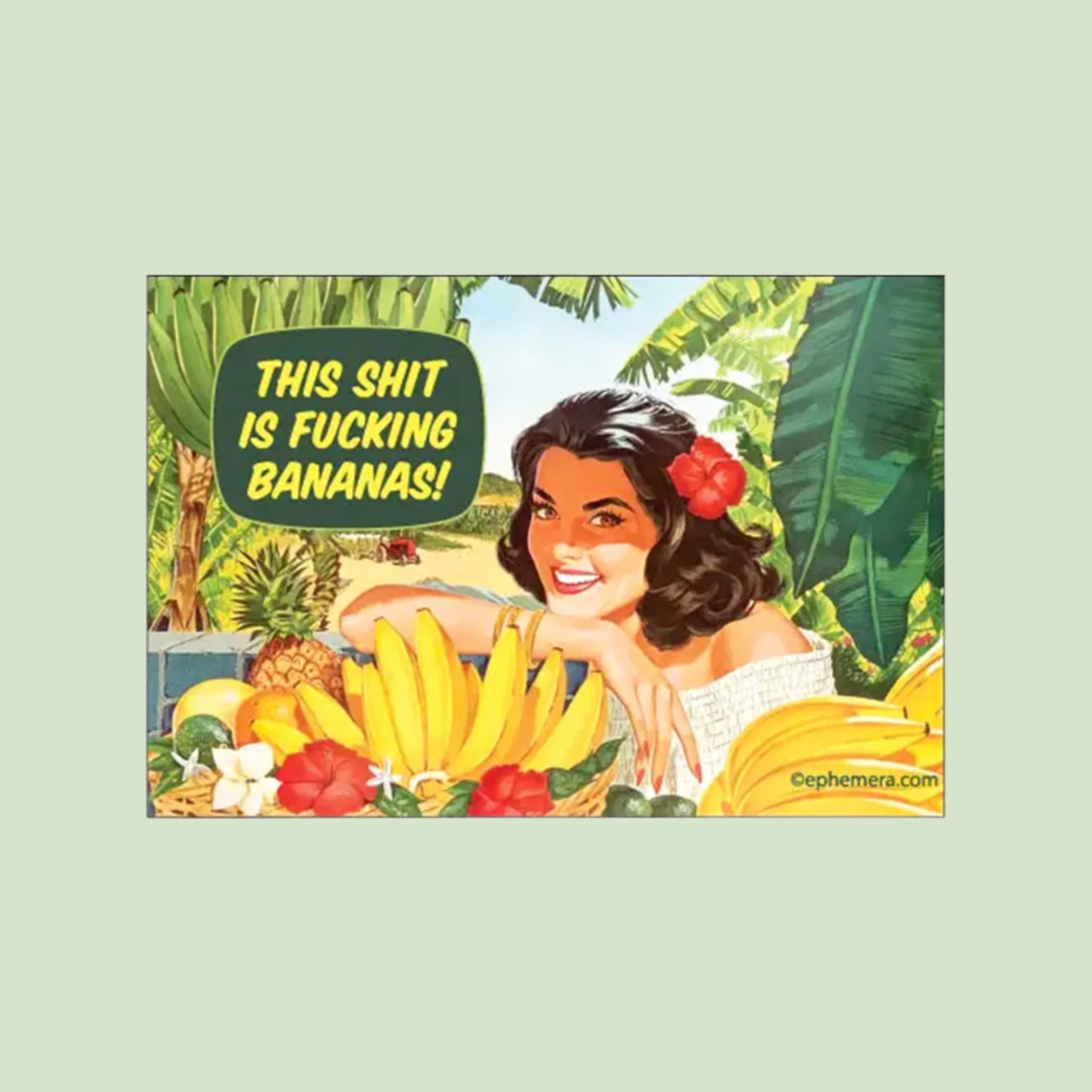 A magnet that reads, 'This shit is fucking bananas'.  with a vintage inspired illustration of a woman with a tropical flower in her hair next to bananas and assorted fruits and text that reads, 'This shit is fucking bananas'. 