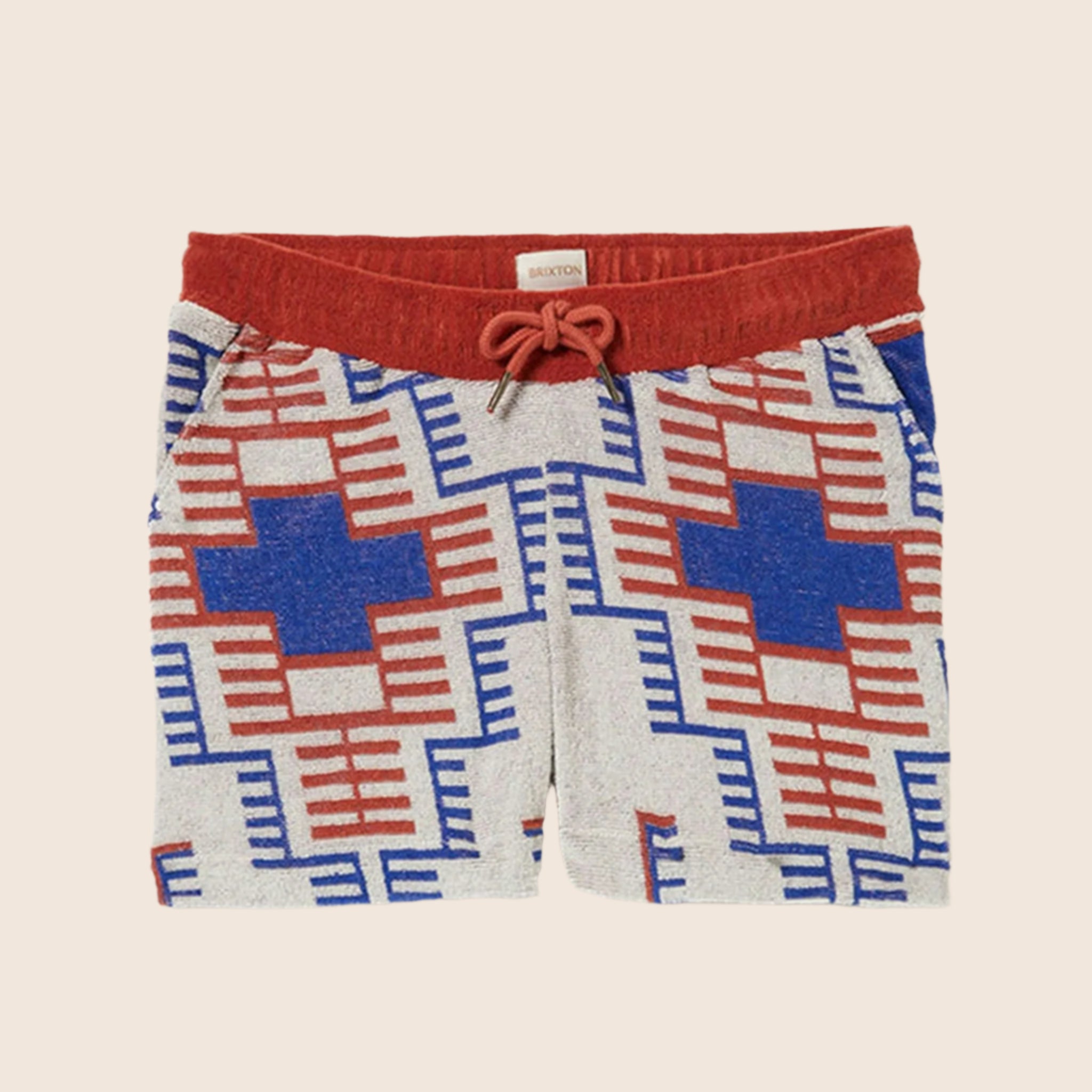 A red and blue geometric print terry cloth shorts. 