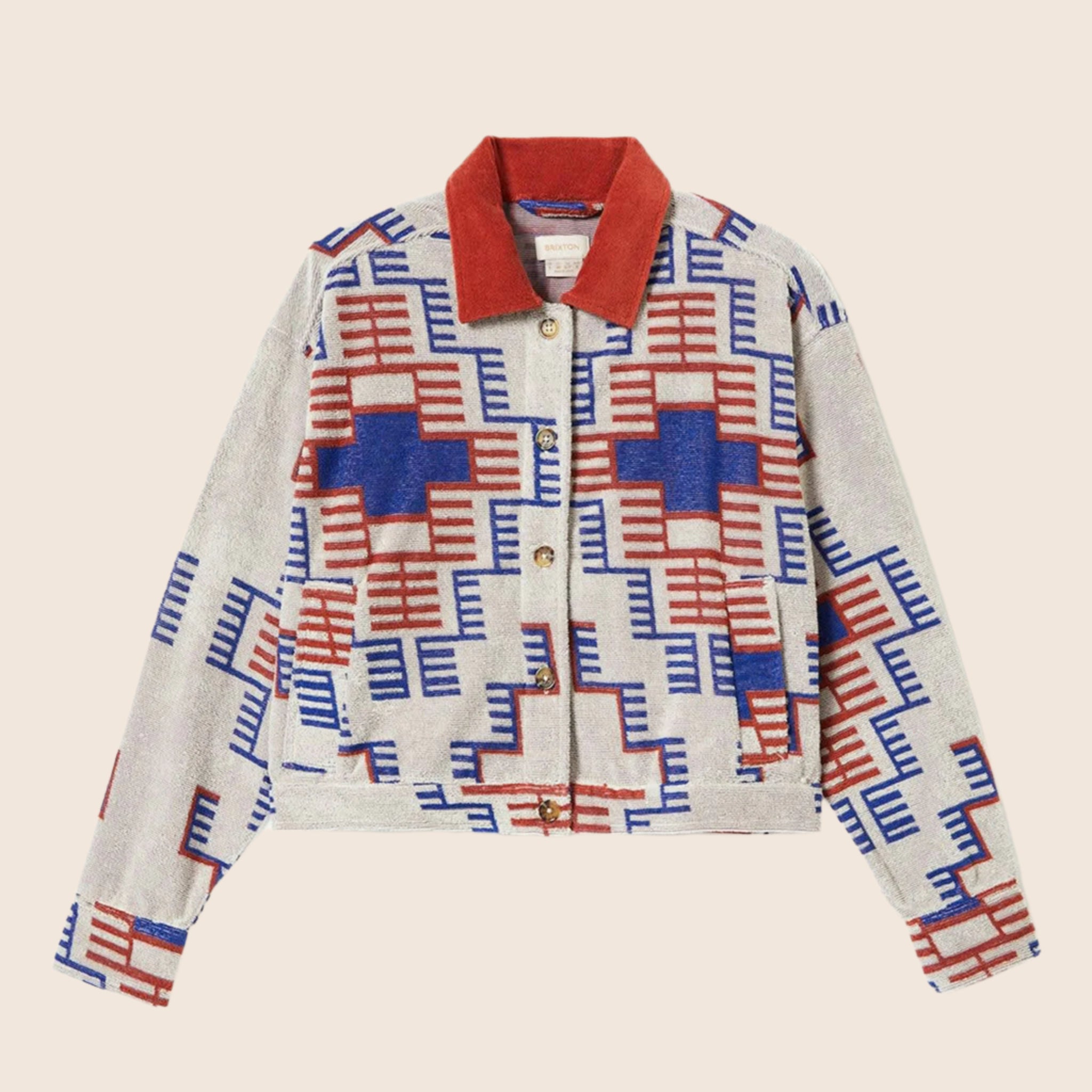 A blue and red geometric print terry cloth jacket. 