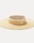 On a white background is a crown less straw sun hat/visor in a natural straw material.