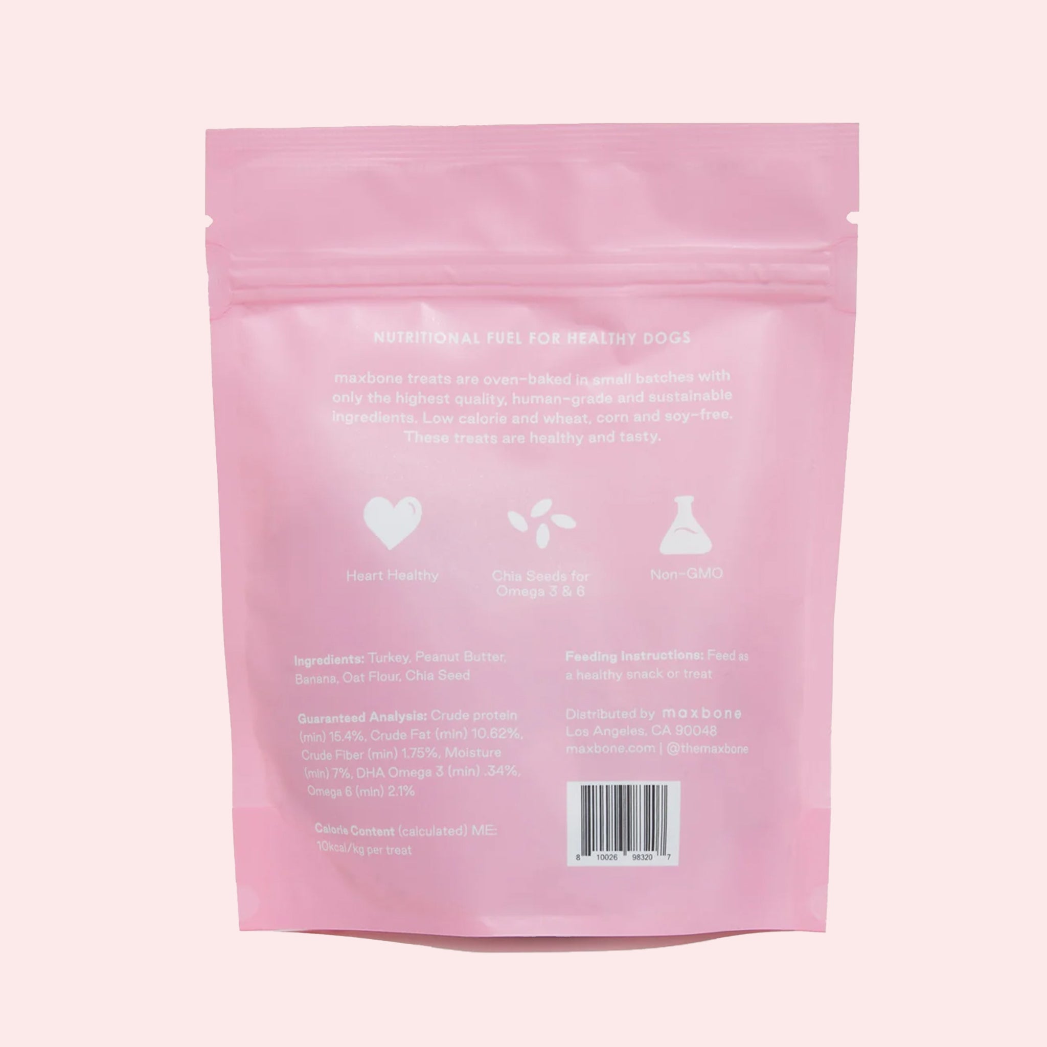 A light pink resealable bag filled with turkey flavored dog biscuits. The packaging reads, "Maxbone | Turkey | Thoughtfully crafted dog treats 100% sourced and made in USA" in white text.