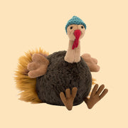 A turkey shaped stuffed animal wearing a blue beanie. 