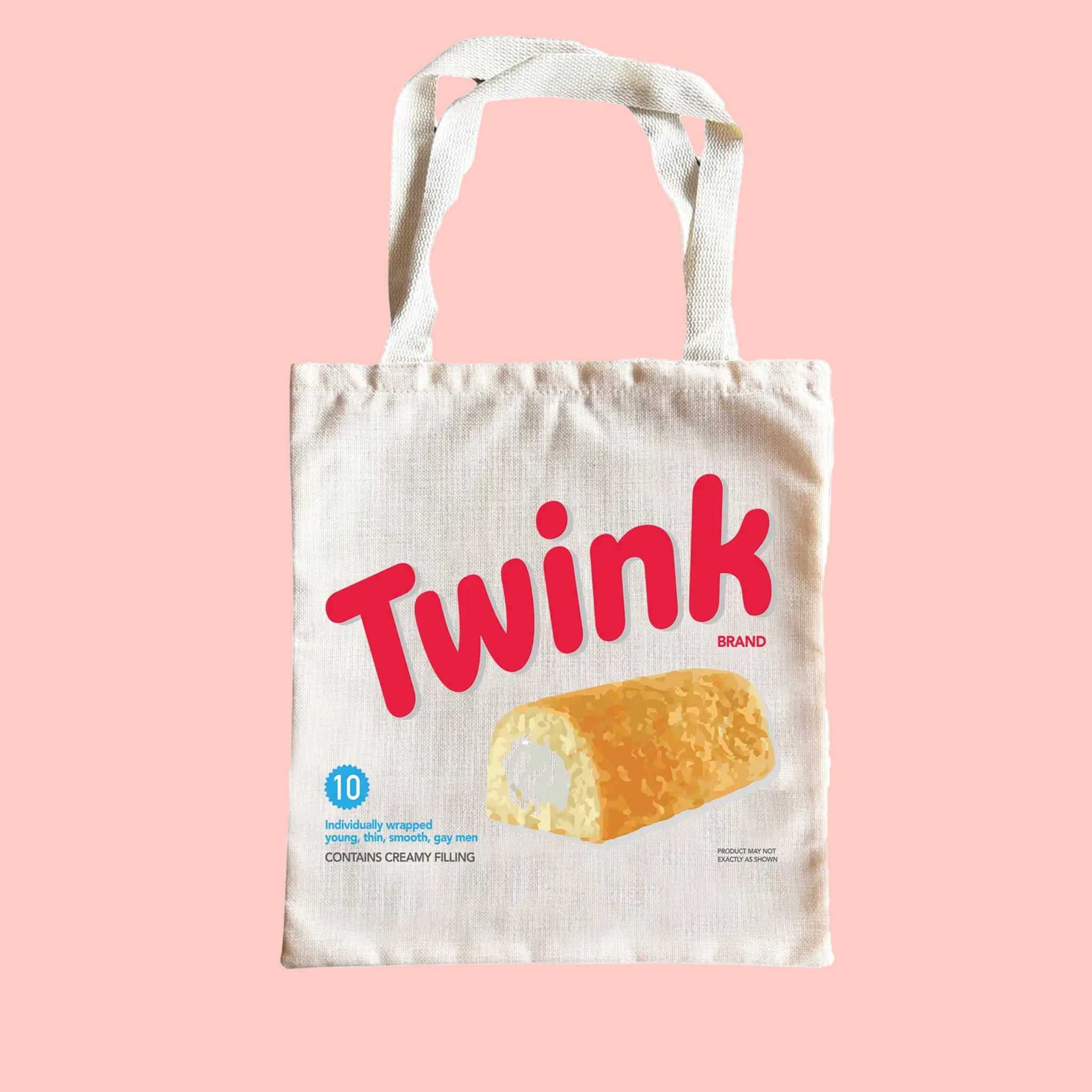 On a light pink background is a tote bag with a twinky design and red text that reads, "Twink". 