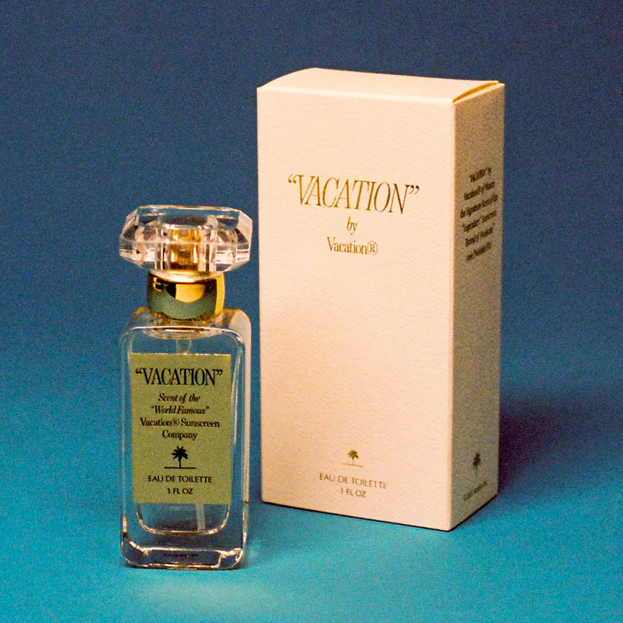 Glass perfume bottle that reads 'Vacation, Scent of World Famous Vacation Sunscreen Company' across the front label. The bottle is topped with a glass knob lid.