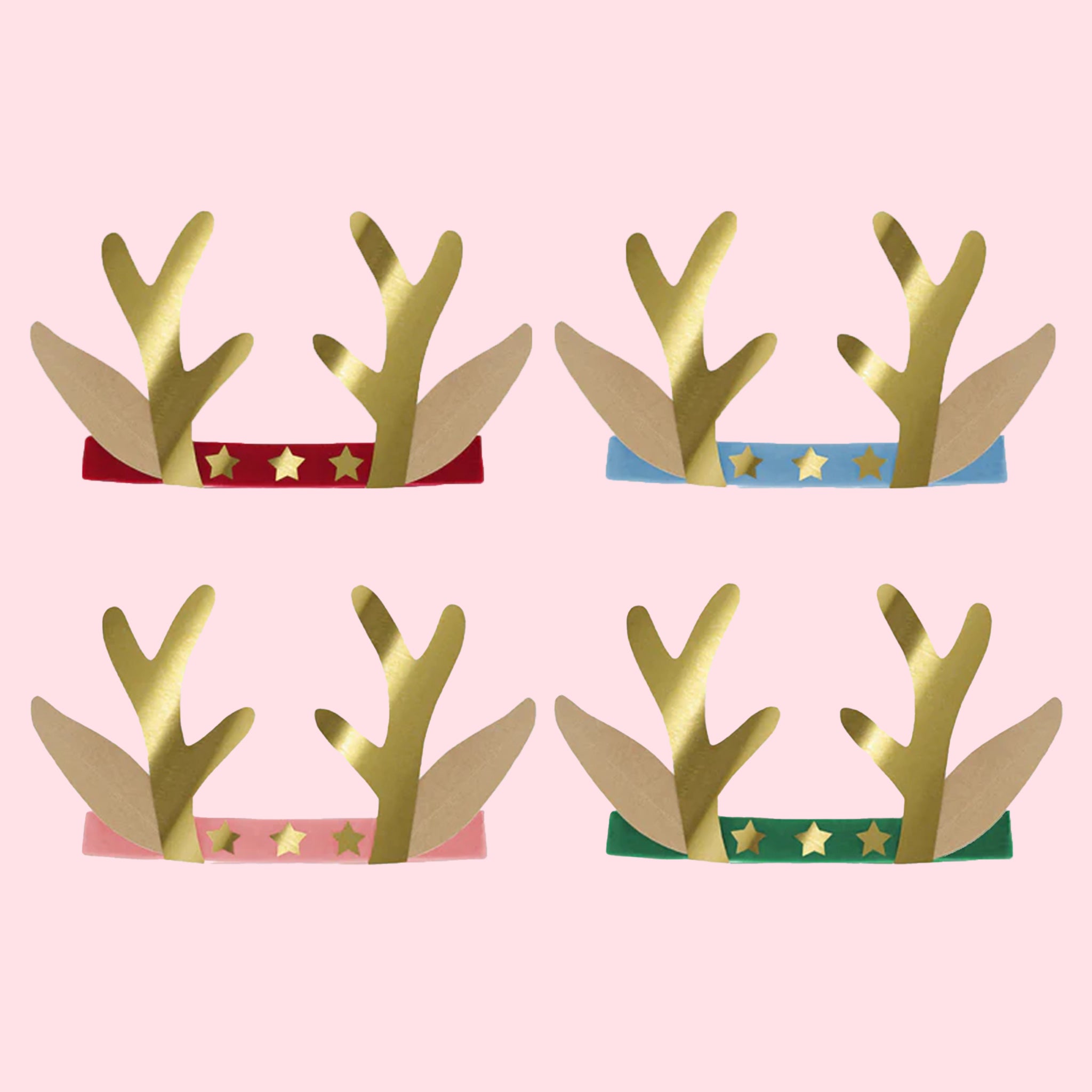 A set of 8 velvet reindeer headbands with star details in different colors. 