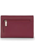 On a white background is a dark cherry red wallet with a back zipper for coins.