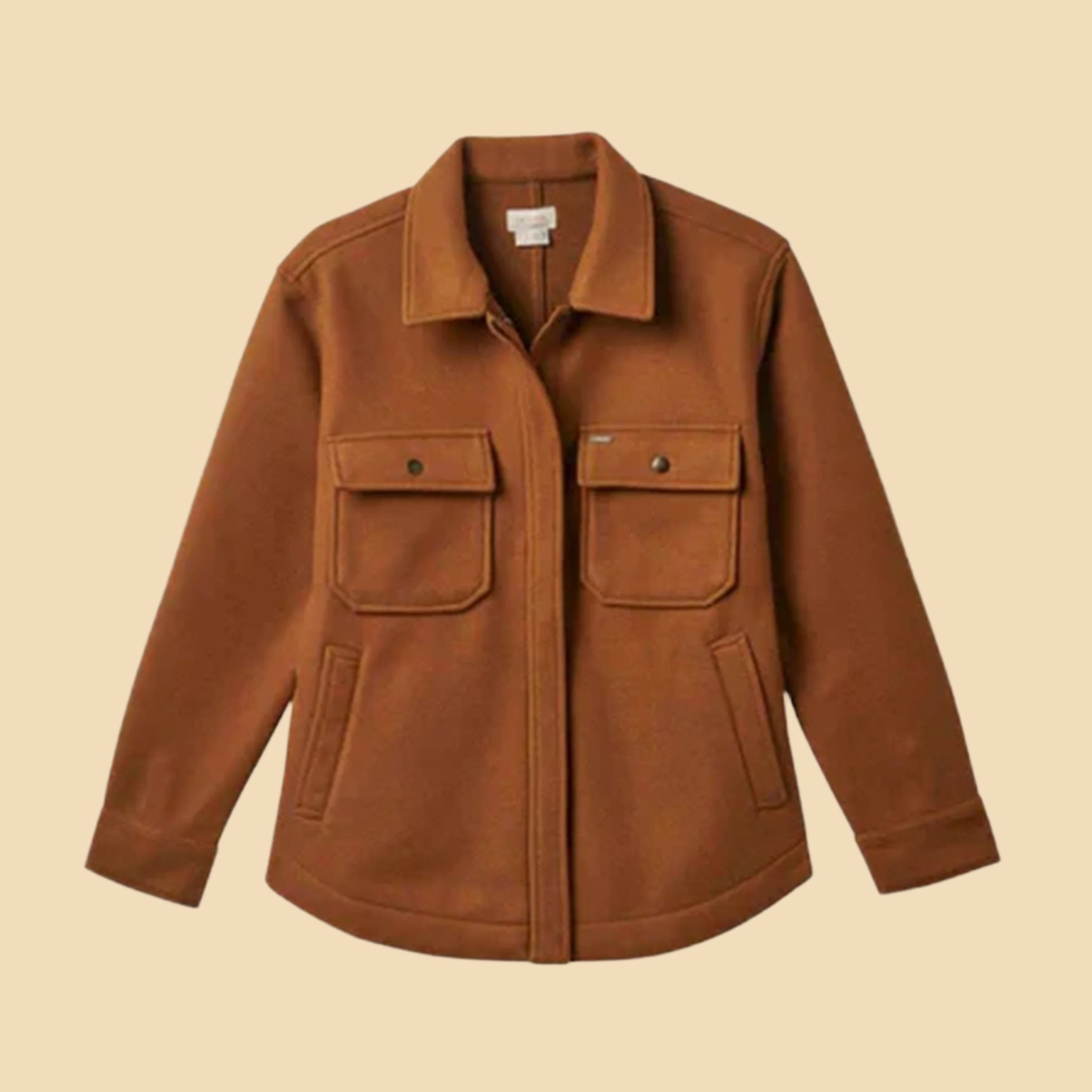 A burnt orange / brown button up shacket. 