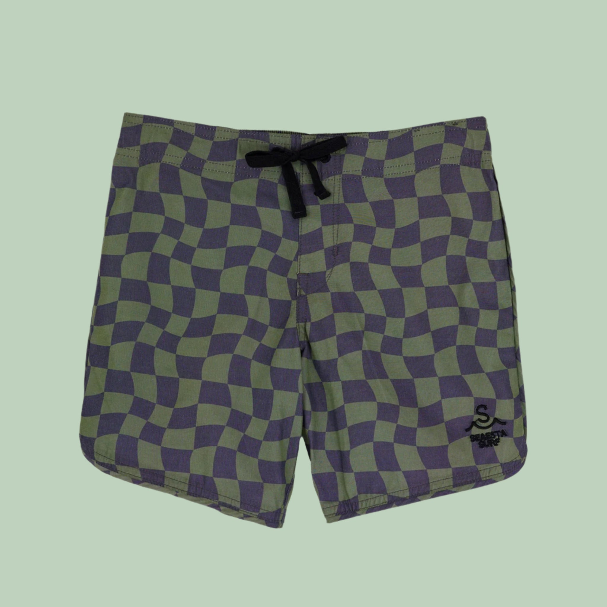 A pair of navy blue and dark green checkered print boardshorts for kids. 