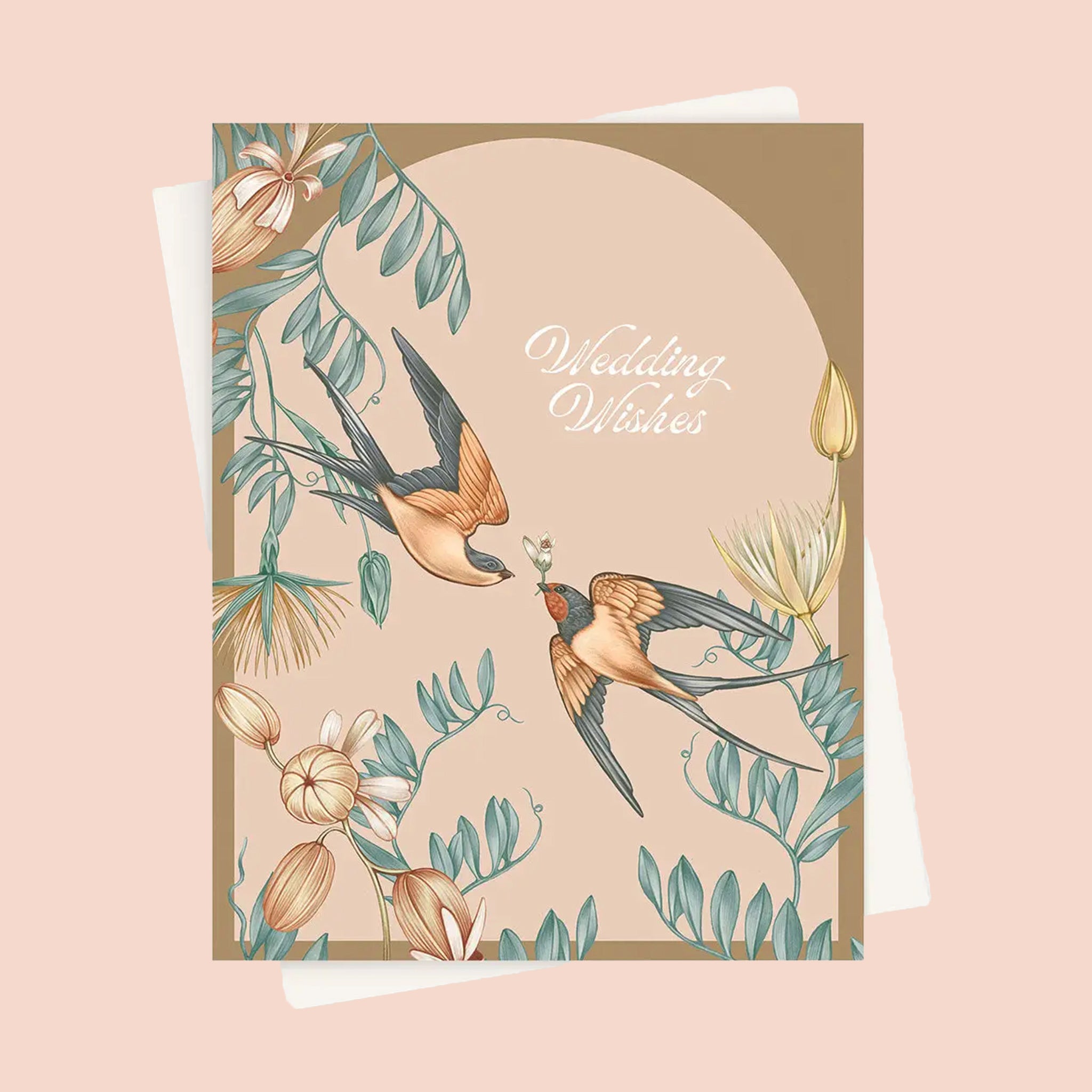 A tan and brown card with two birds and a floral design with text that reads, &#39;Wedding Wishes&#39;. 