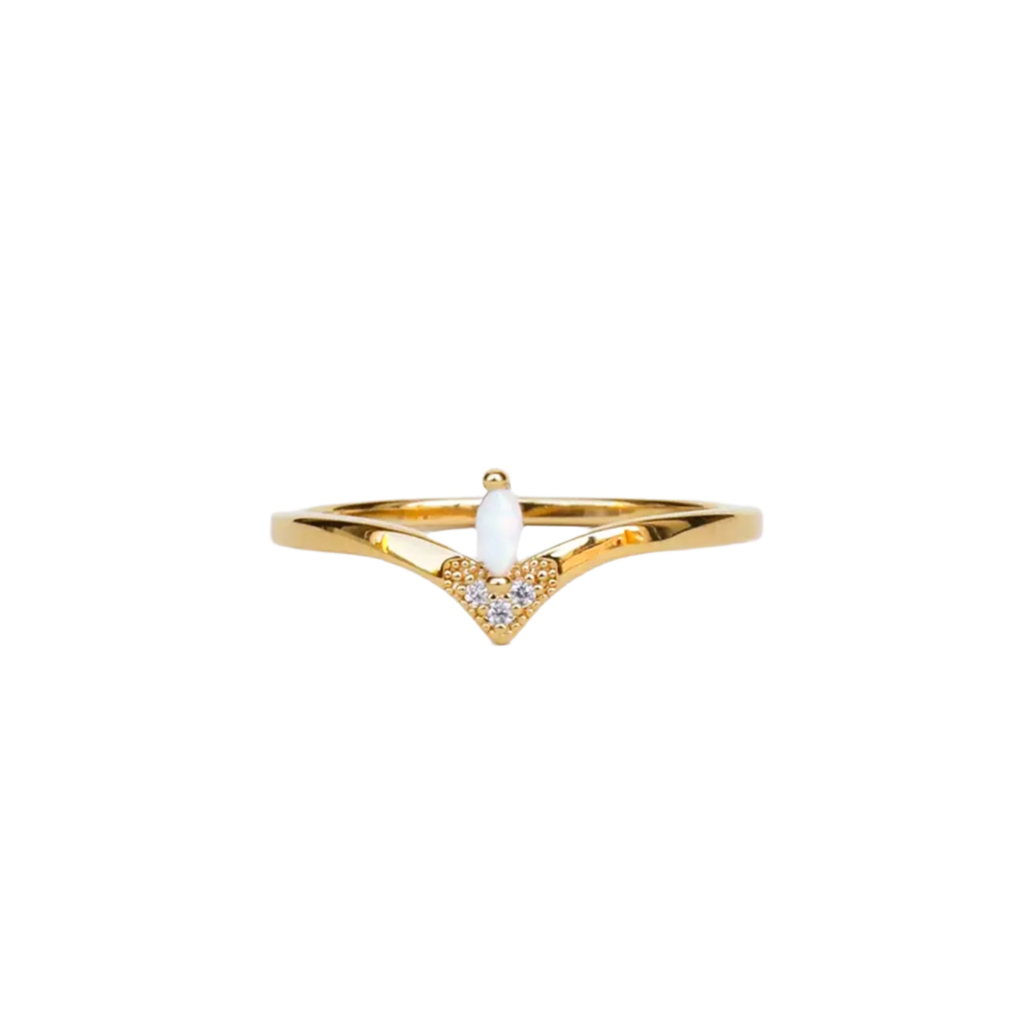 A gold ring with a white opal stone in the center and then cz accents around the point. 