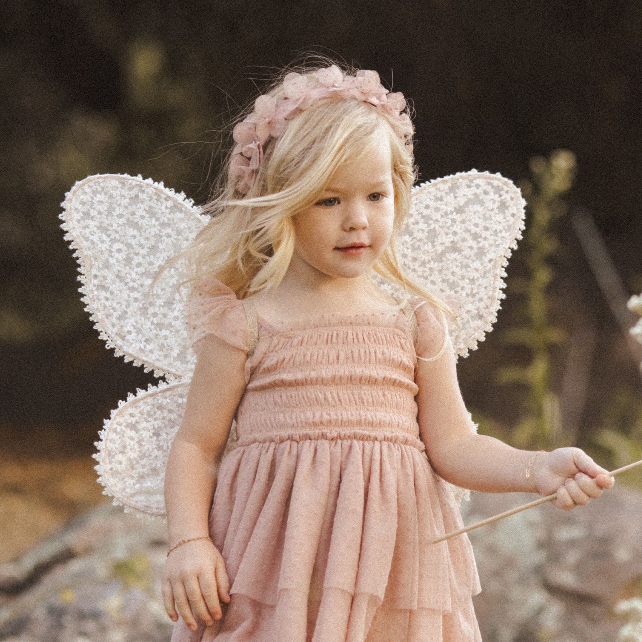 A natural colored pair of costume wings with an embroidered daisy pattern all over and elastic arm straps. 