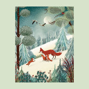 A woodland illustration on a greeting card featuring a family of foxes. 