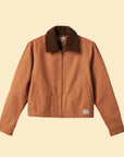 A brown work style jacket with a brown collar. 