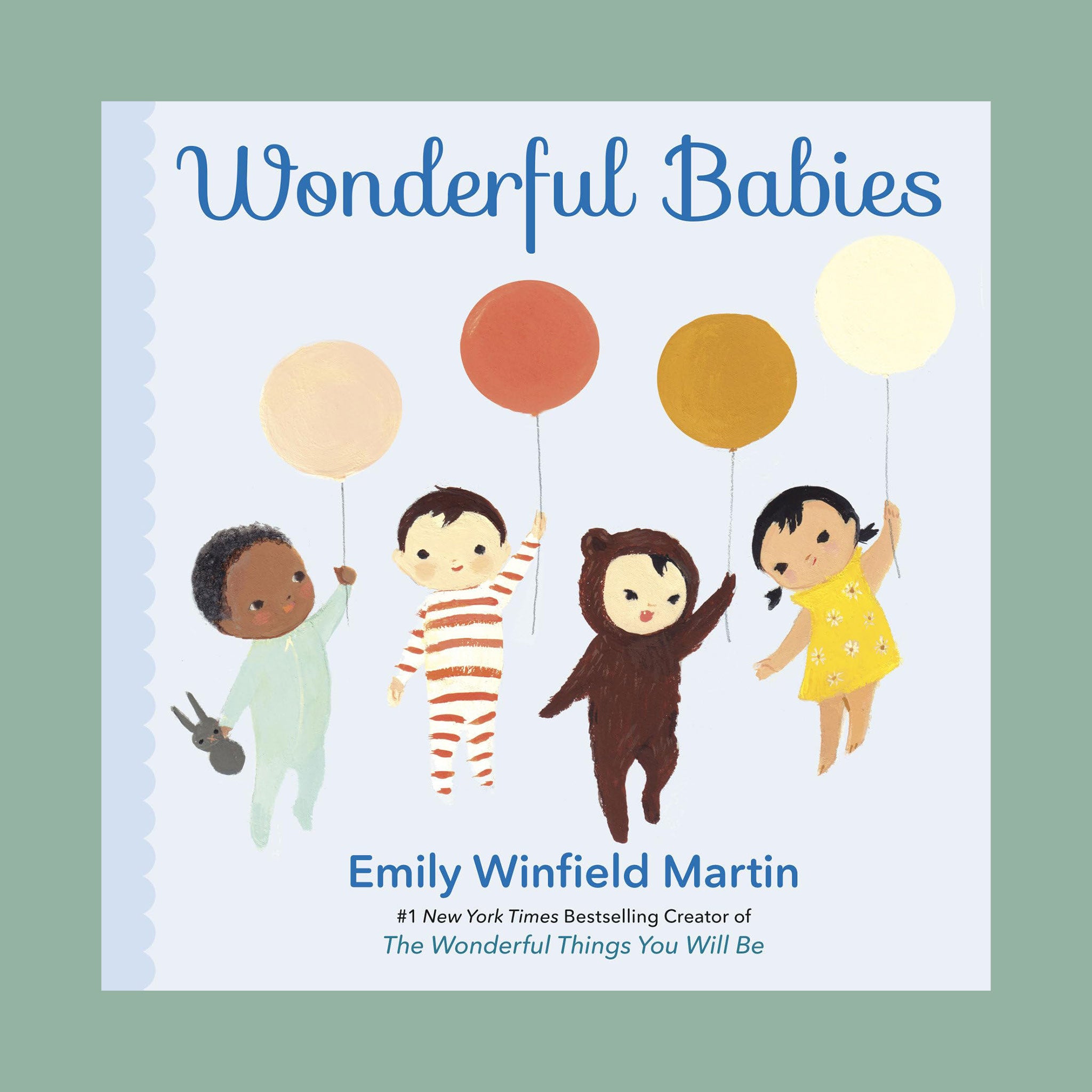 On a green background is a neutral book cover with four babies holding different colored balloons and the title across the top that reads, "Wonderful Babies".