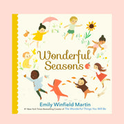 On a pink background is a white book cover with children in a circle around the book title that reads, "Wonderful Seasons" 