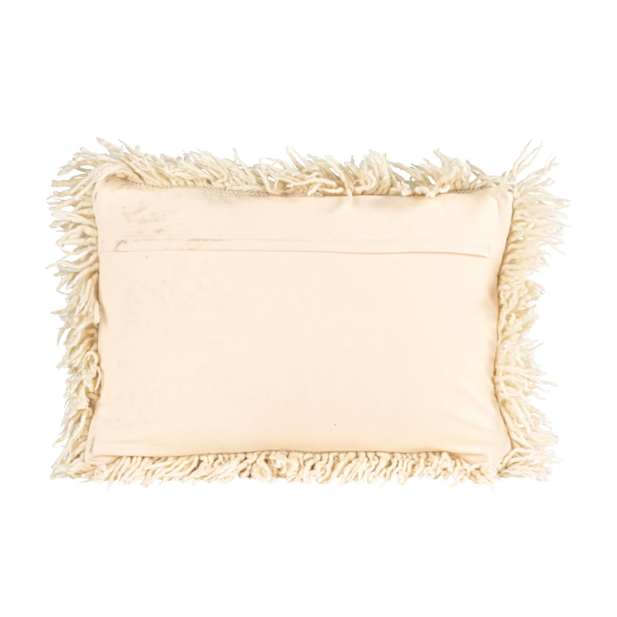 An ivory wool shag lumbar pillow. 