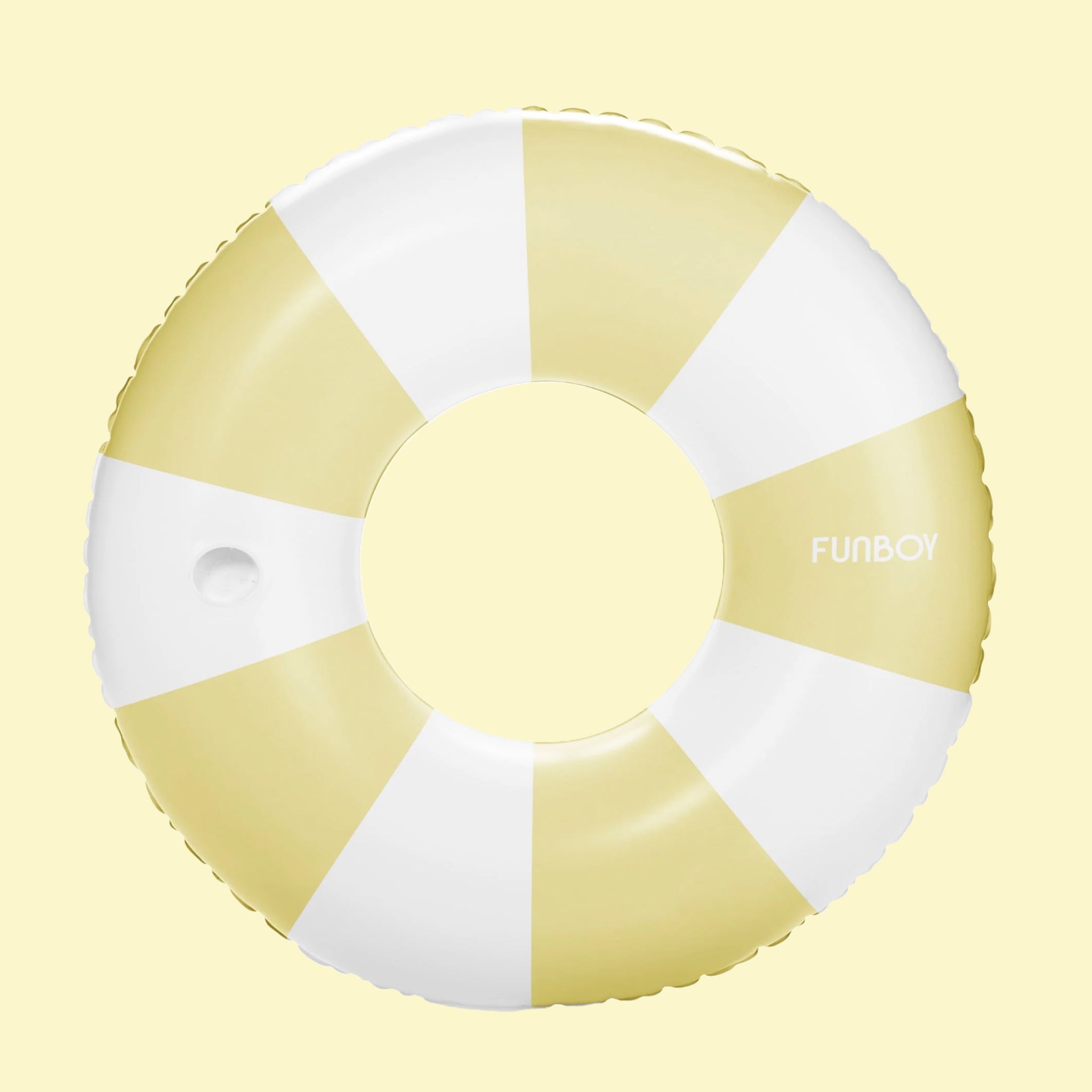 A yellow and white pool ring floatie.