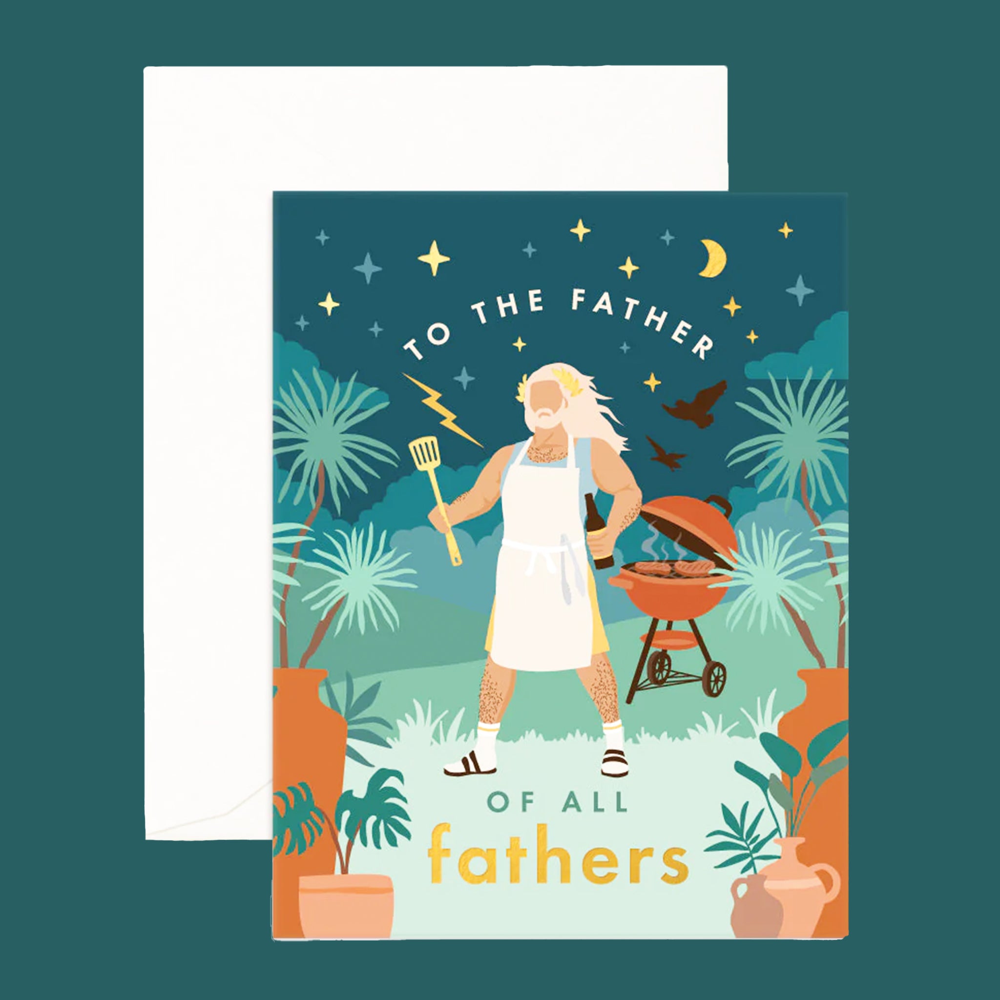 On a teal background is a blue card with a Zeus character illustration holding a grilling tool in his hand along with text that reads, &quot;To The Fathers Of All Fathers&quot;.