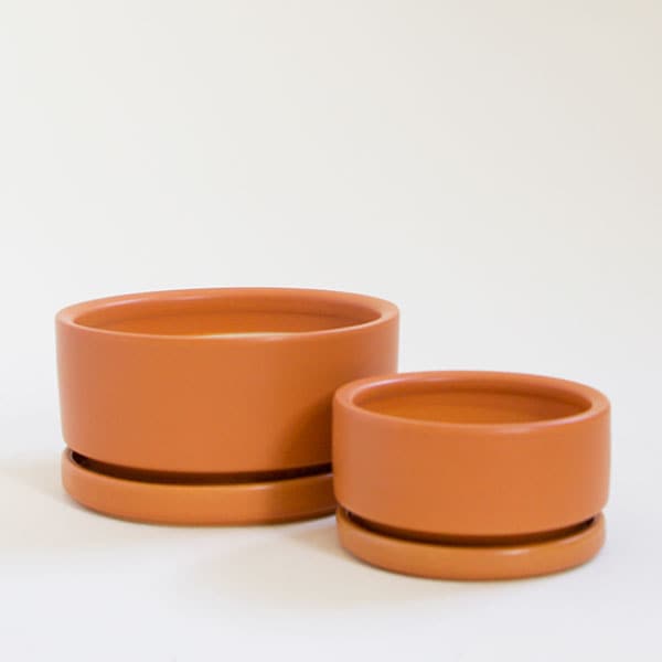 Two terracotta orange low bowl planting pots, both complete with water trays. Both sit empty besides each other.