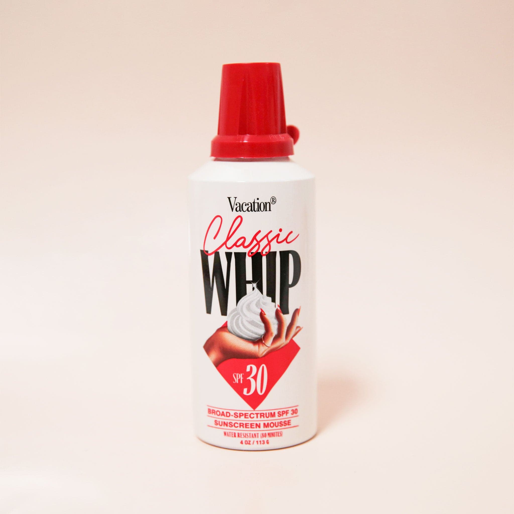 A SPF that looks like a can of whipped cream with a white can that says, &quot;Classic Whip SPF 30&quot; along with a red cap and accents.