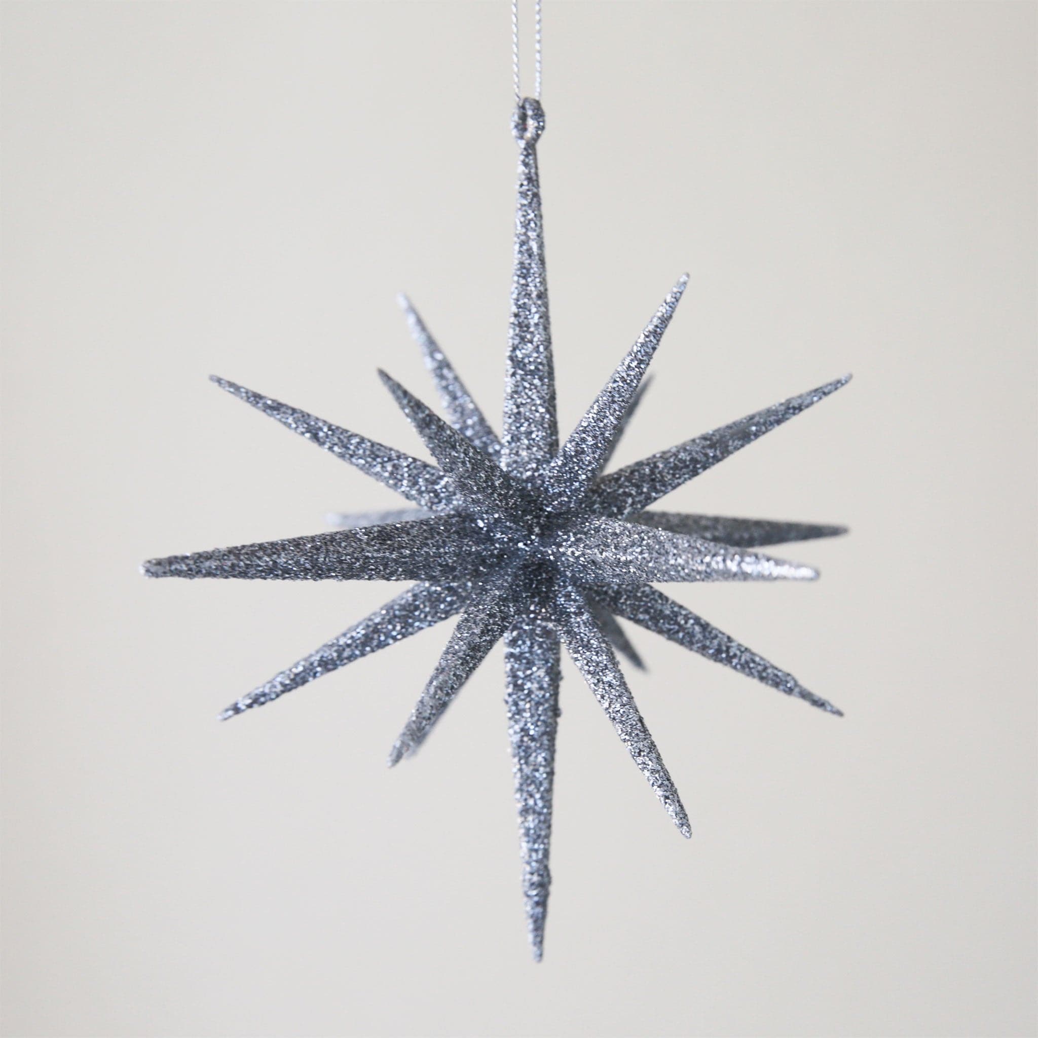 A 16 point silver glitter starburst ornament.