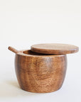 Acacia Wood Jar with lid and spoon.