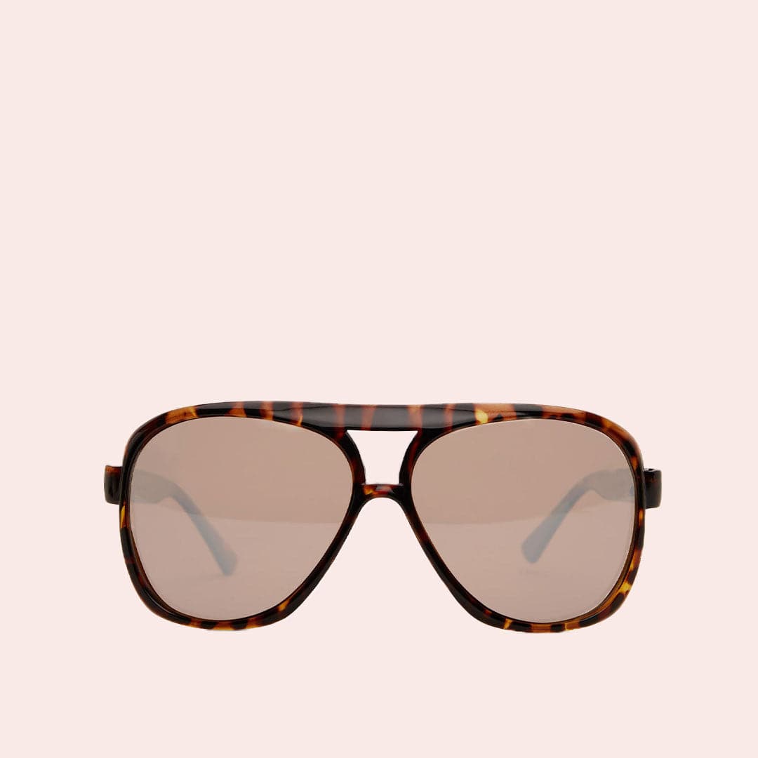 Brown aviator sunglasses with a dark brown lens and a warm brown tortoise frame.