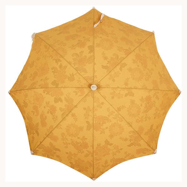 Birds eye view of the top of an umbrella. The top is mustard yellow. 