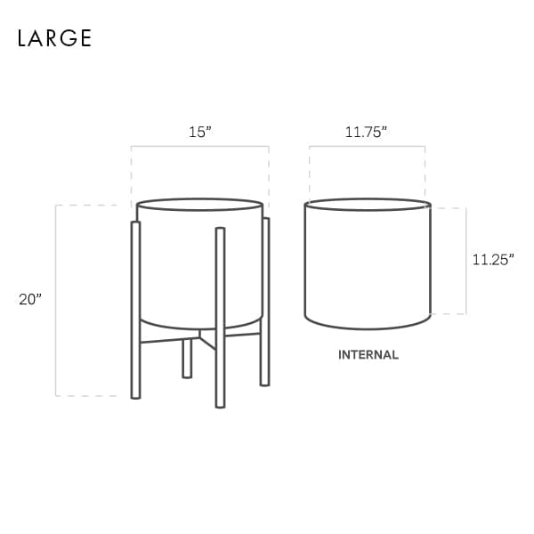 Dimensions of large planter reading 20 inches in height for pot and stand and 15 inches in width. The internal pot measurements read 11.75 inches in width and 11.25 inches in height. Planters and measurements are laid out in a black and white blueprint design.