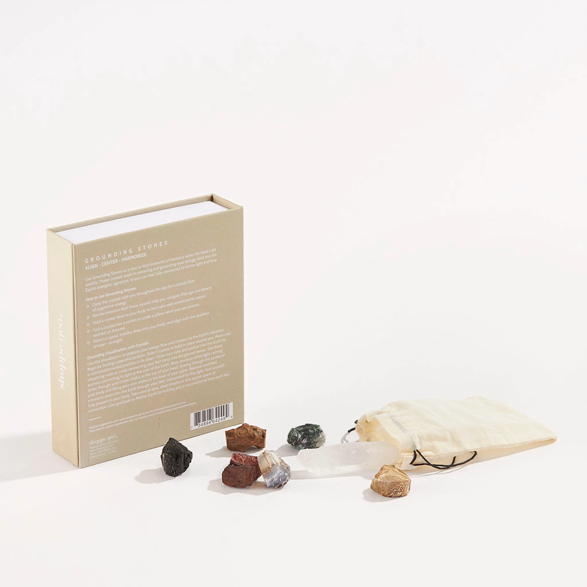 On a white background is a tan box that opens up like a book. On the interior is a place for 7 different stones. On the left side of the opening is a list of all the stones and their purpose.