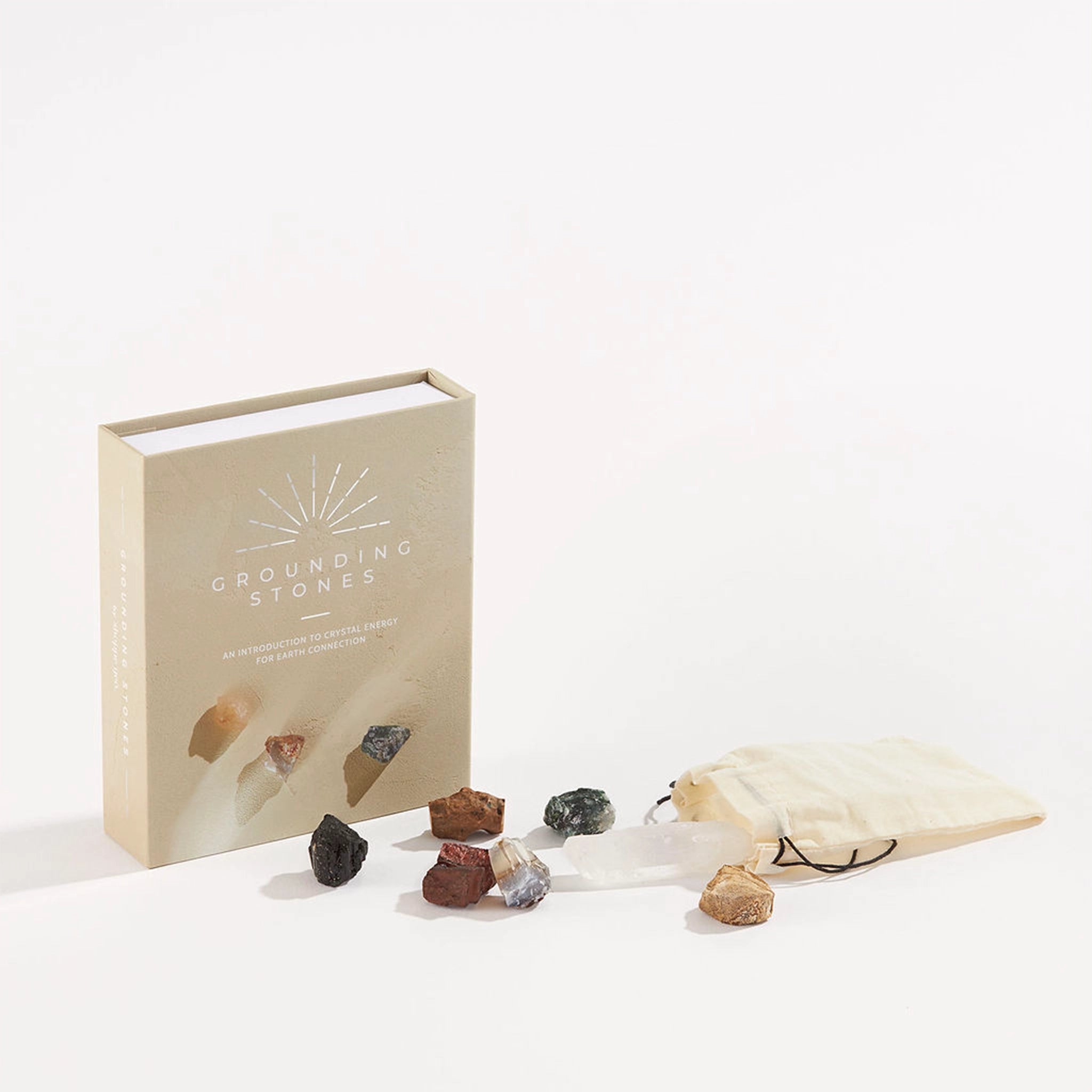 On a white background is a tan box that opens up like a book. On the interior is a place for 7 different stones. On the left side of the opening is a list of all the stones and their purpose.