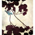 Original painting of silhouetted dark wine and fuschia ombre colored branches with leaves, with small realistic grey and blue bird sitting on the branch.