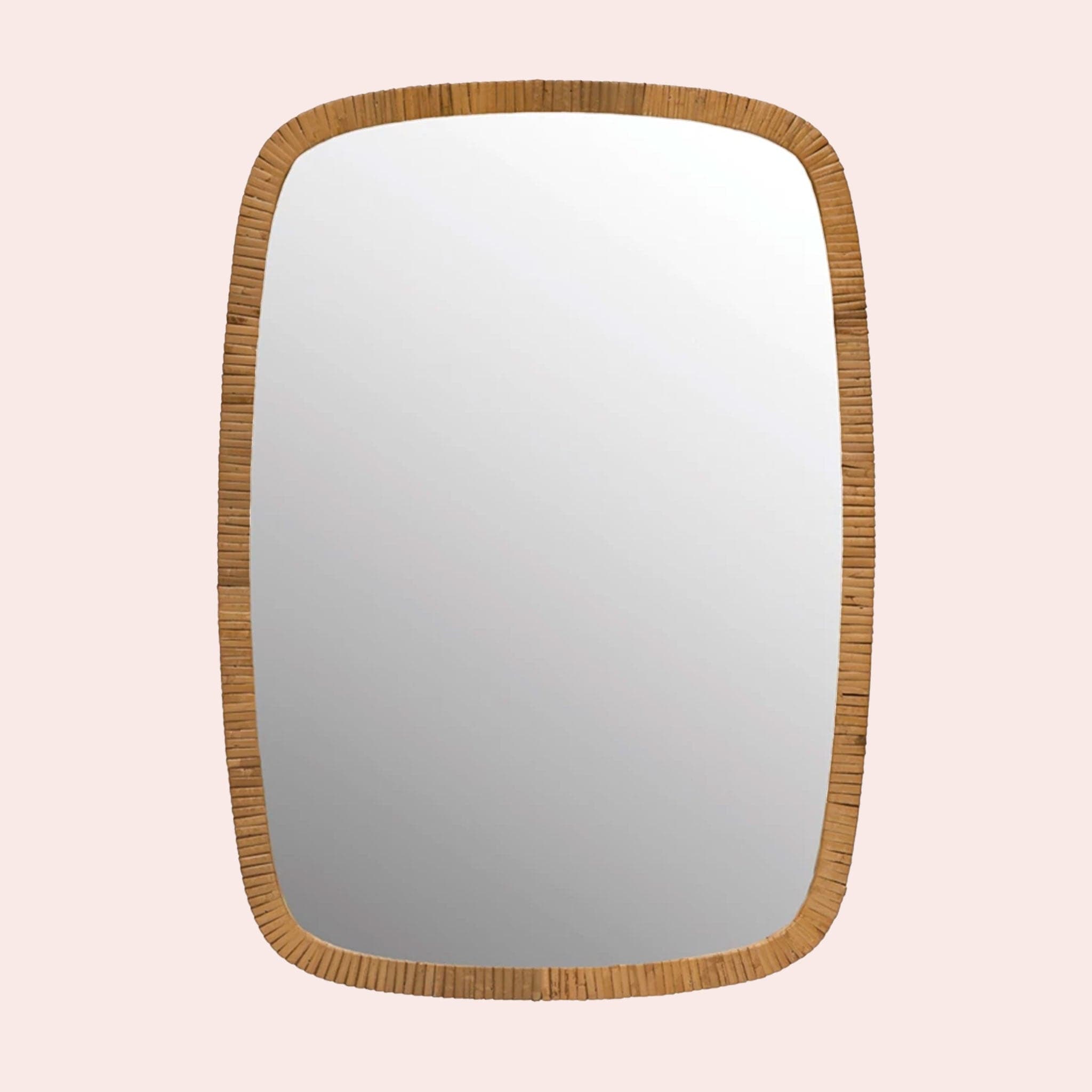 A rectangle mirror with curved edges and a rattan framing.