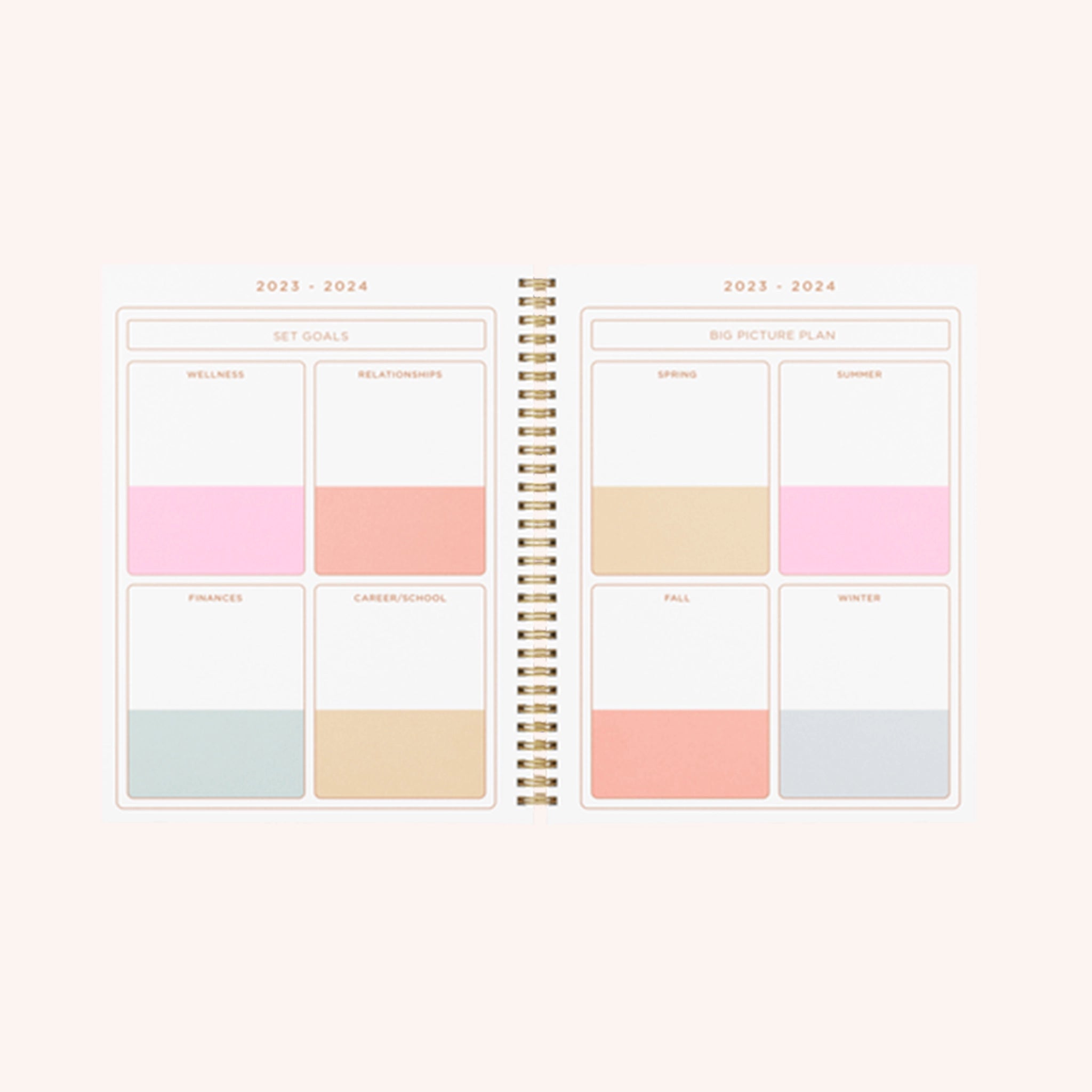 Photographed on a white background is the planner opened to different pages showing the weekly and daily overviews that are colorfully coordinated.