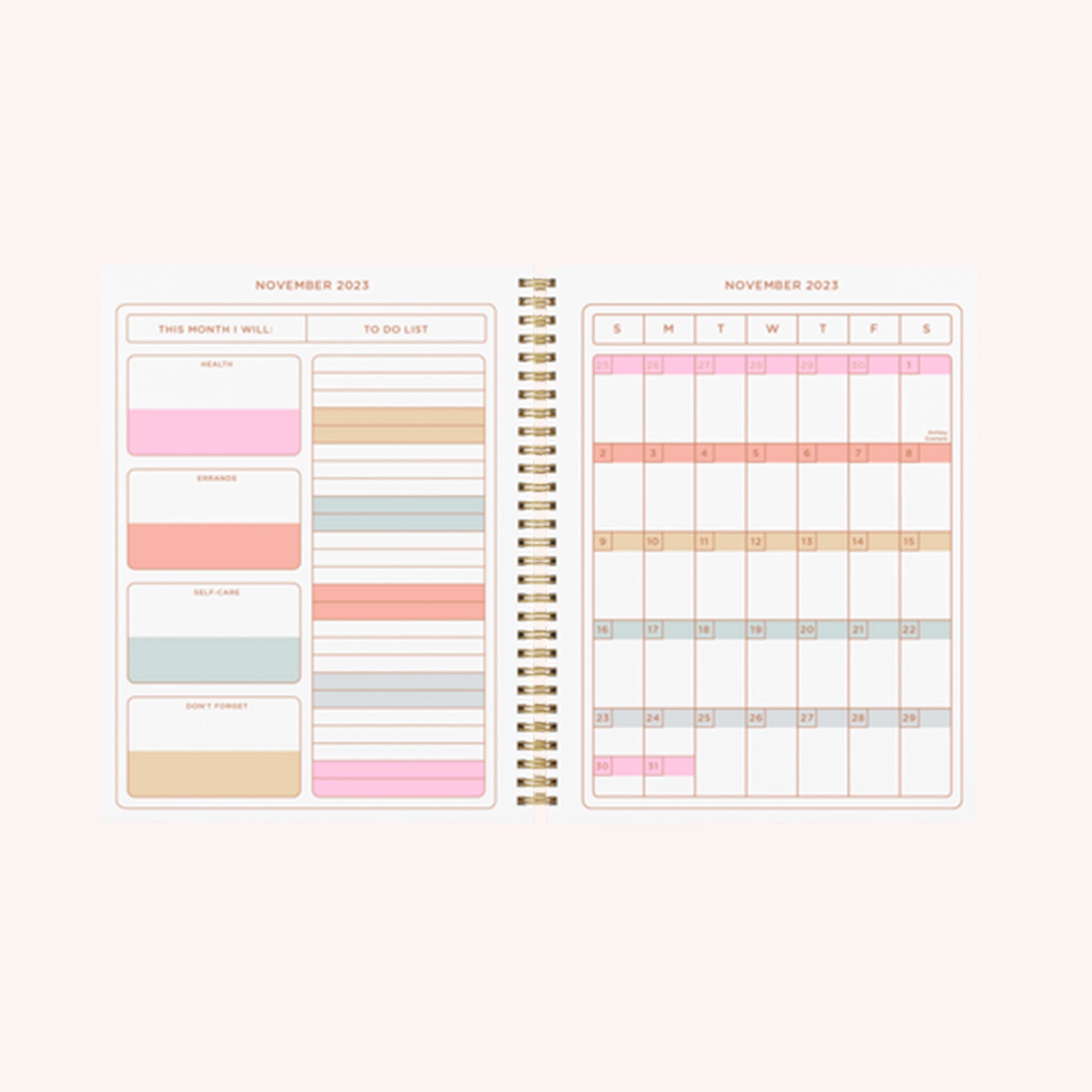 Photographed on a white background is the planner opened to different pages showing the weekly and daily overviews that are colorfully coordinated.