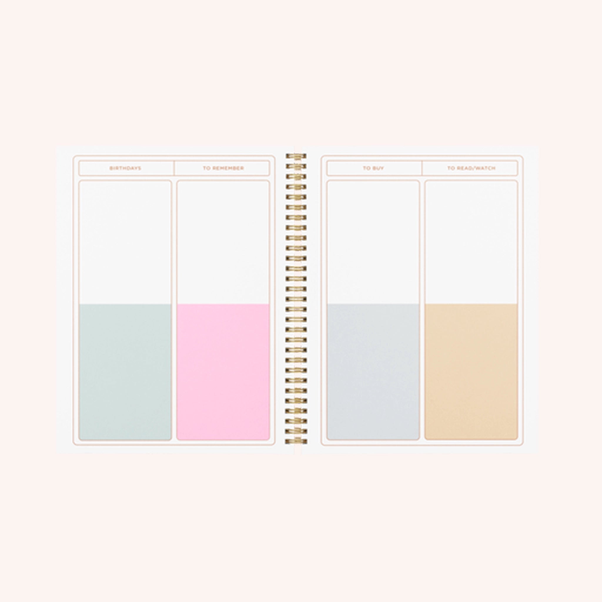 Photographed on a white background is the planner opened to different pages showing the weekly and daily overviews that are colorfully coordinated.